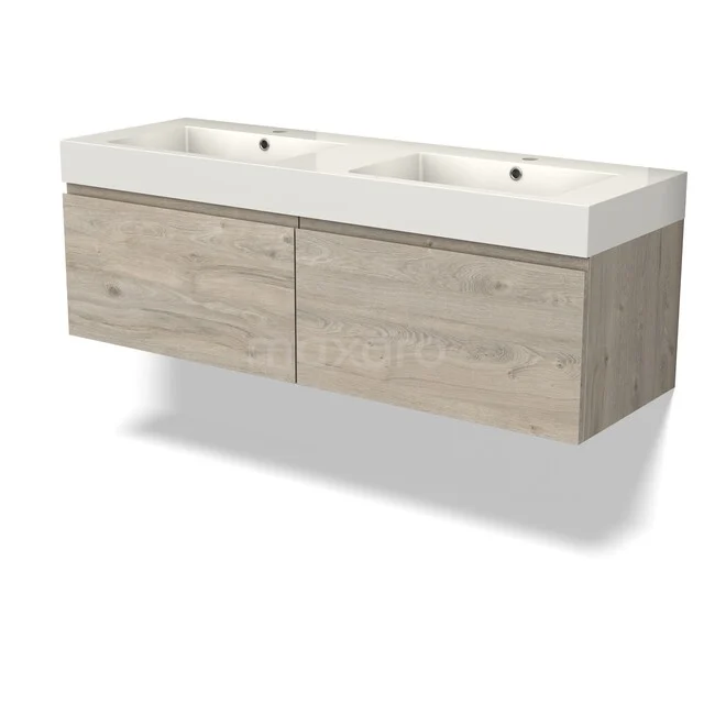Houten badmeubel met dubbele wastafel, modern design in eikenlook, ideaal voor een stijlvolle en praktische badkamer.