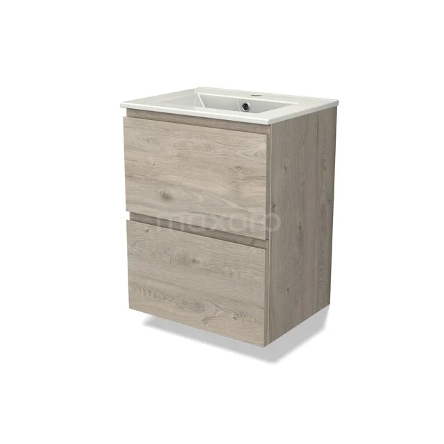 Wooden bathroom furniture with sink, oak look, 2 drawers, compact design. Ideal for modern bathroom furnishings.