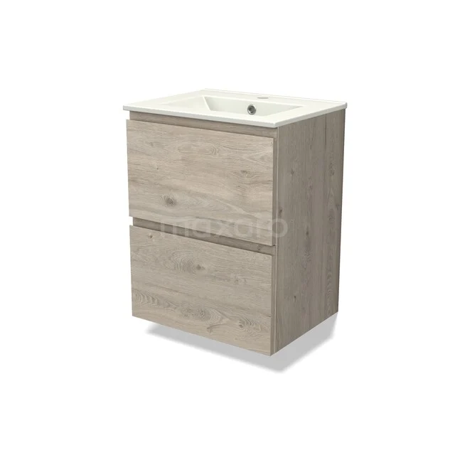 Badmöbel Eiche-Look mit Waschbecken, 2 Schubladen und modernem Design, ideal für kompakte Bäder.