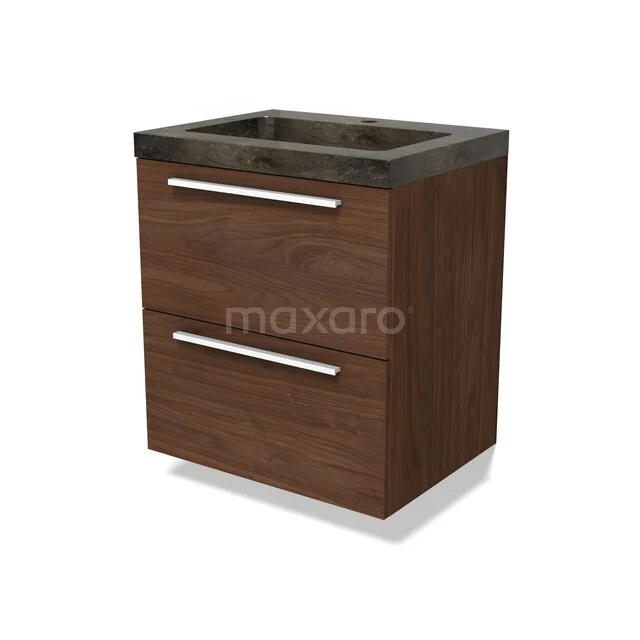 Wooden bathroom cabinet with two drawers, dark walnut colour and black stone sink, compact and modern design.