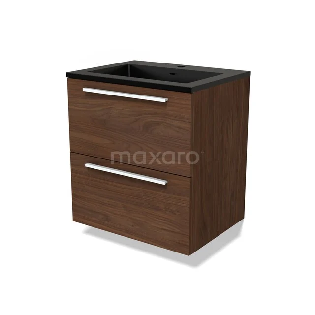 Hölzernes Badezimmermöbel mit dunklem Waschbecken, modernes Design, zwei Schubladen und metallischen Haltegriffen, perfekt für elegante Bäder.