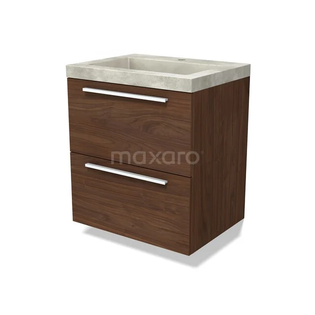 Houten badkamermeubel met twee lades, betonnen wastafel en metalen handgrepen, ideaal voor moderne badkamerinterieurs.