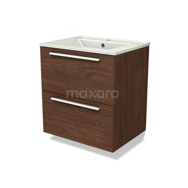 Wooden bathroom furniture with two drawers, walnut colour, ceramic sink and modern handles.