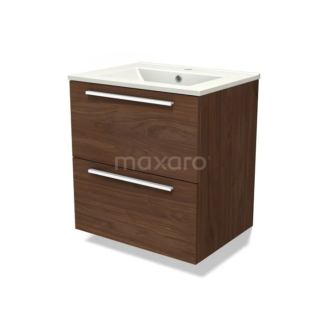 Modulo Badkamermeubel met wastafel | 60 cm Walnoot Vlak front Keramiek 2 lades onder elkaar BMW17-05588 Houten badkamermeubel met twee laden, walnootkleur, inclusief wit wastafelblad. Modern ontwerp voor stijlvolle badkamers.