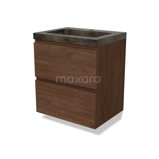 Modulo Badkamermeubel met wastafel | 60 cm Walnoot Greeploos front Natuursteen 2 lades onder elkaar BMW17-05597 Houten badkamerkast met twee lades, elegante walnoot-afwerking en een natuurstenen wastafel; modern design voor de badkamer.