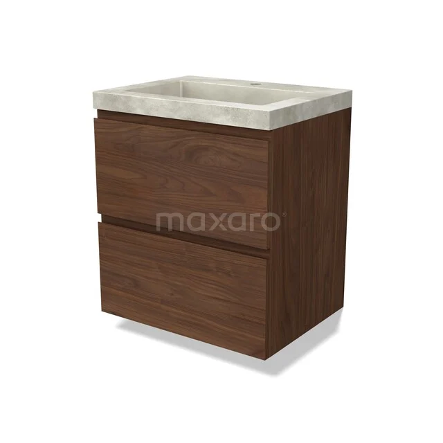 Modulo Vanity units with basin | 60 cm Walnut Handle-less front Concrete 2 Stacked drawers BMW17-05601 Houten badkamermeubel met twee lades en een betonnen wastafel, modern design in warme walnootkleur.