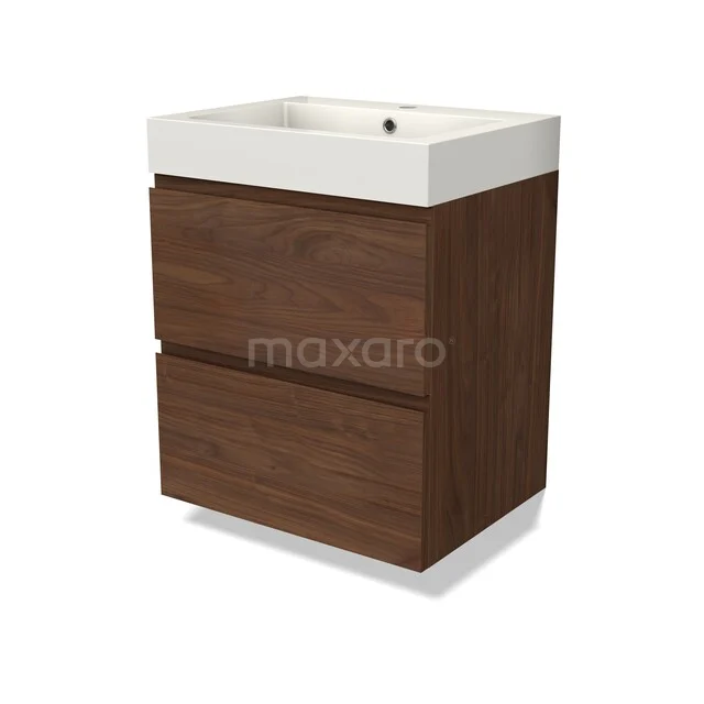 Wooden bathroom furniture with two drawers in walnut colour and a white sink; ideal for a modern bathroom style.