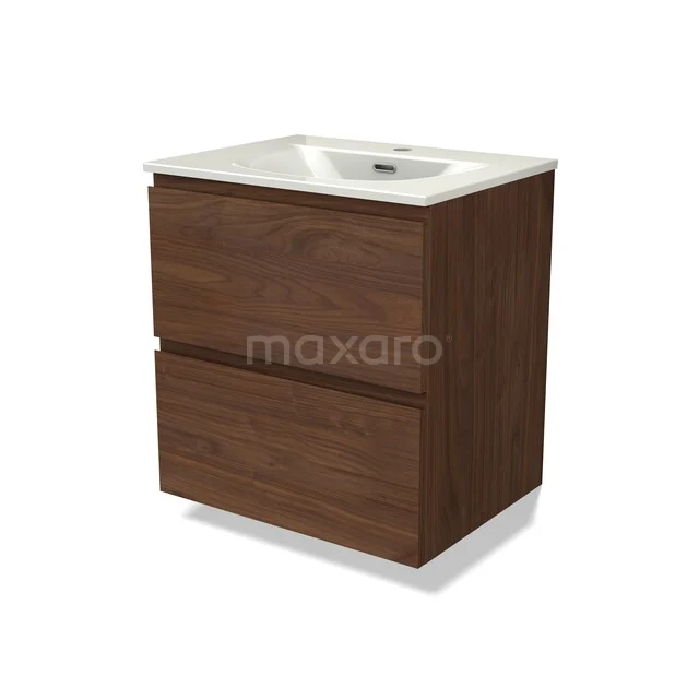 Modulo Vanity units with basin | 60 cm Walnut Handle-less front Ceramic 2 Stacked drawers BMW17-05607 Badkamermeubel hout-look, compact design, met wit keramische wastafel, 2 lades voor praktische opbergruimte.