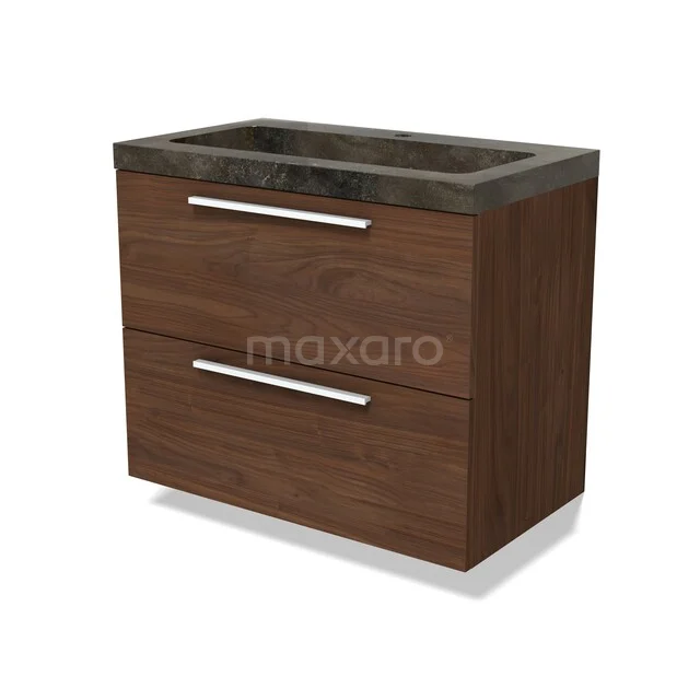 Modulo Vanity units with basin | 80 cm Walnut Flat front Natural stone 2 Stacked drawers BMW17-05614 Houten badkamermeubel met donkere marmeren wastafel, twee lades en moderne RVS handgrepen, perfect voor een stijlvolle badkamer.