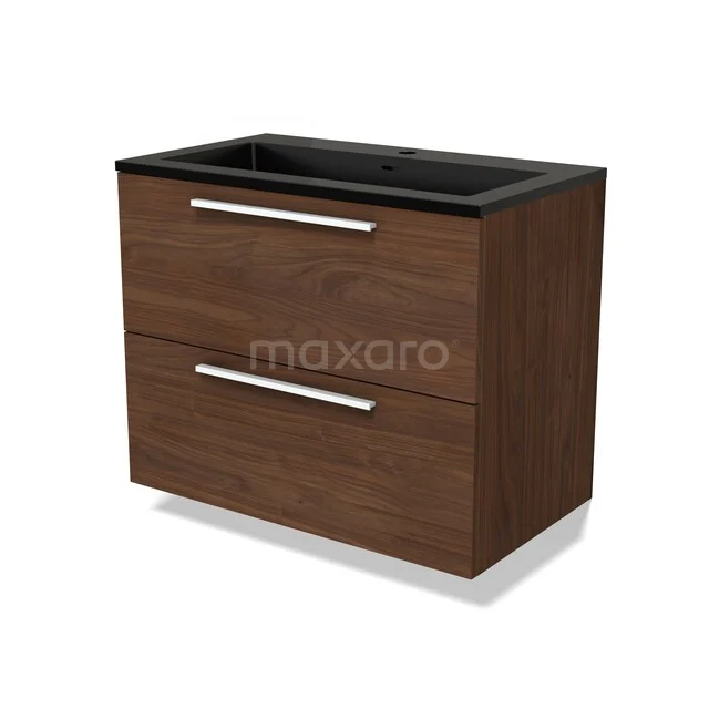 Wall-mounted bathroom furniture with a wood look, featuring 2 drawers and a black sink, modern design with sleek silver handles.
