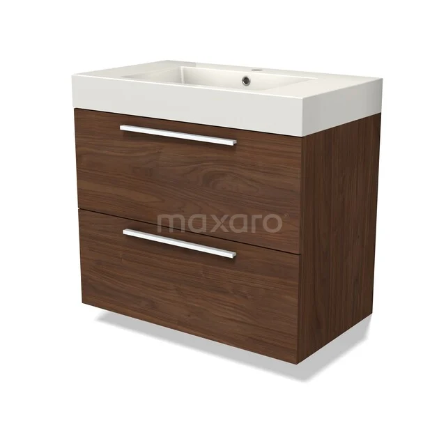 Wooden bathroom cabinet with two drawers, walnut colour and ceramic sink, modern design.