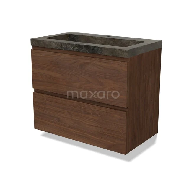 Holz Badezimmermöbel mit zwei Schubladen, dunkler Marmor Platte und modernem Design; ideal für stilvolle Bäder.