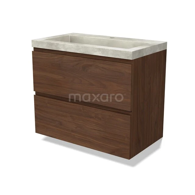 Modulo Vanity units with basin | 80 cm Walnut Handle-less front Concrete 2 Stacked drawers BMW17-05633 Houten badkamermeubel met twee lades en een stenen wasbak, modern design in walnootkleur.