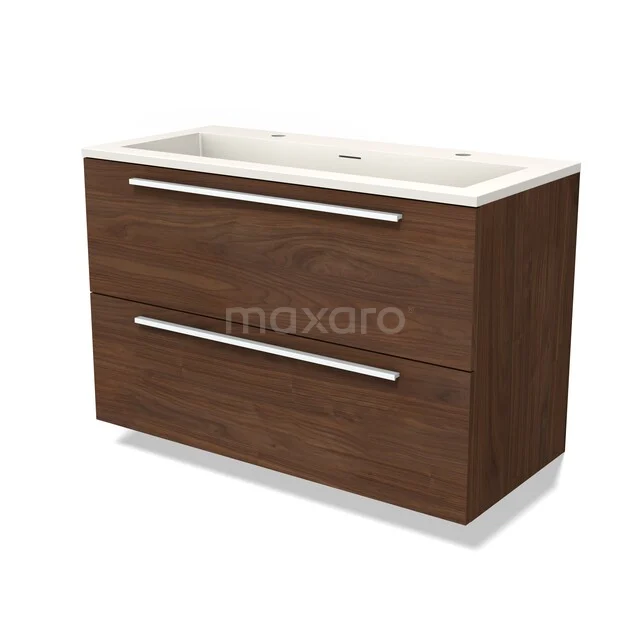 Modulo Vanity units with basin | 100 cm Walnut Flat front Solid surface 2 Stacked drawers BMW17-05649 Houten badkamermeubel met dubbele lades, donkerbruin, modern design, voorzien van wit keramieken wastafelblad.