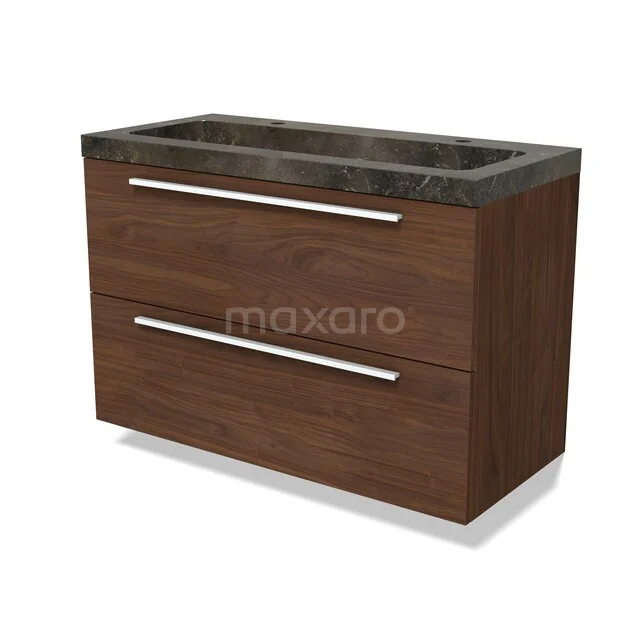 Modulo Vanity units with basin | 100 cm Walnoot Flat front Natural stone 2 Stacked drawers BMW17-05651 Houten badkamermeubel met marmeren wastafel, twee ruime lades en strakke zilverkleurige handgrepen, modern en stijlvol ontwerp.