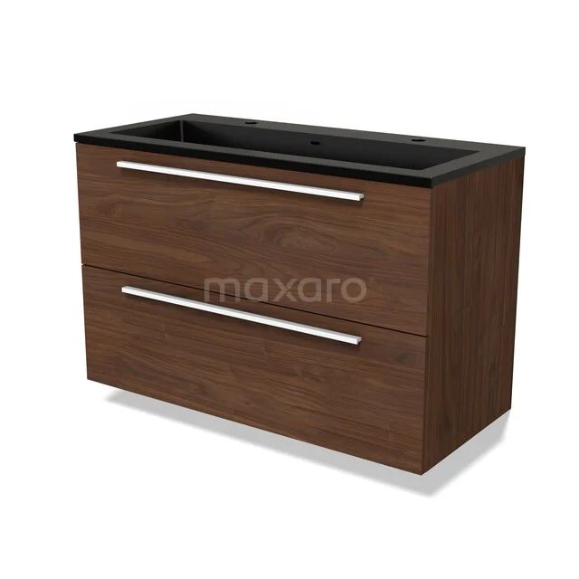 Modulo Vanity units with basin | 100 cm Walnut Flat front Quartz 2 Stacked drawers BMW17-05653 Houten badkamermeubel met twee lades, walnootkleur, zwarte wastafel en moderne handgrepen, ideaal voor een stijlvolle badkamer.