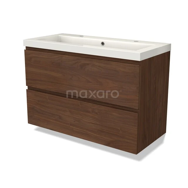 Modulo Bathroom furniture with sink | 100 cm Walnut Handle-less front Mineral marble 2 Stacked drawers BMW17-05664 Wooden bathroom furniture with double drawer and white ceramic sink, modern design, ideal for stylish bathroom decor.