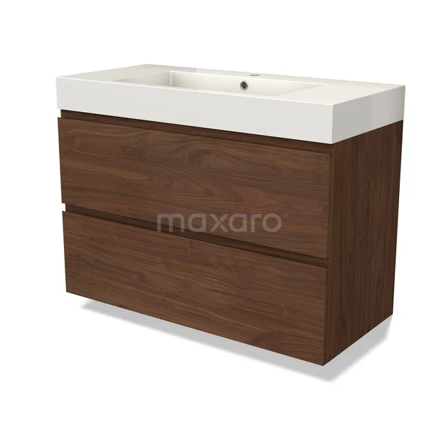 Holzlook Badmöbel mit doppelten Schubladen und weißem Waschbecken, modernes Design für stilvolle Badezimmerlagerung.