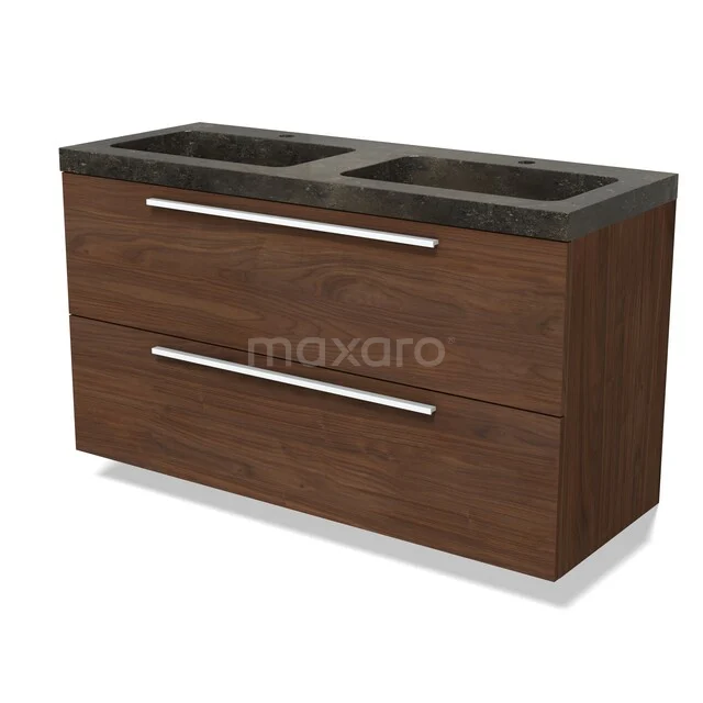 Badmöbel mit Waschbecken Modulo BMW17-05691 Holz Badezimmermöbel mit Doppelwaschbecken, dunkelbraunes Design, metallische Griffe und eine moderne Ausstrahlung.