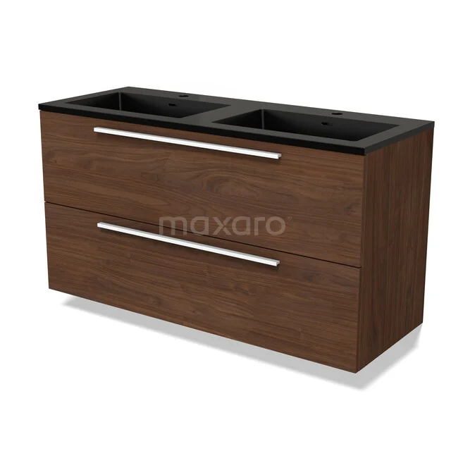 Holz Badezimmermöbel mit doppeltem Schwarz Waschbecken, schlichten Chrom Haltegriffen und einem modernen Erscheinungsbild.