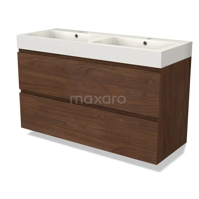 Modulo Vanity units with basin | 120 cm Walnoot Handle-less front Mineral marble 2 Stacked drawers BMW17-05715 Dubbele wastafelmeubel in houtkleur met moderne afwerking, ideaal voor een stijlvolle badkamerinrichting.