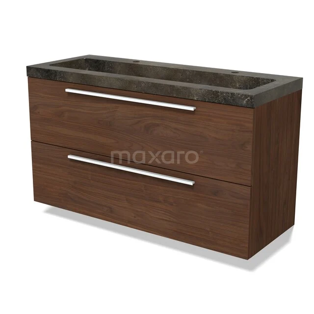 Wooden bathroom furniture with dark sink, modern design, two drawers and sleek aluminium handles.