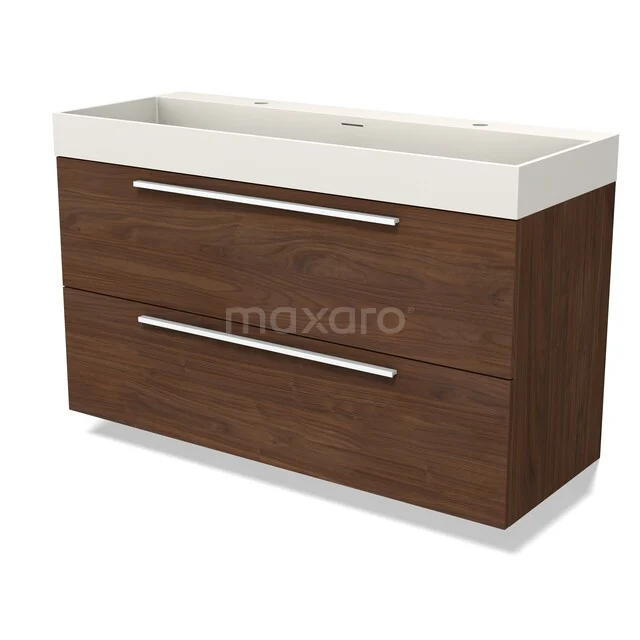 Modulo Vanity units with basin | 120 cm Walnoot Flat front Solid surface 2 Stacked drawers BMW17-05727 Houten badkamermeubel met dubbele wastafel, moderne rechthoekige vorm en twee ruime lades, ideaal voor een stijlvolle badkamer.