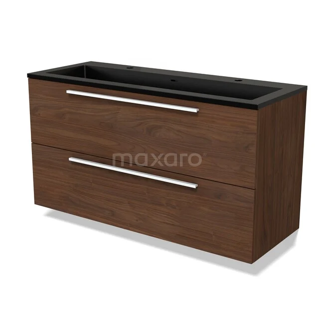 Holz-Badmöbel mit dunklem Waschbecken, modernem Aussehen und zwei Schubladen, ideal für stilvolle Badezimmerlagerung.