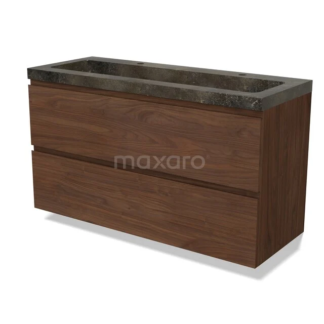 Wooden bathroom furniture with two drawers, dark stone sink, modern design, perfect for stylish bathroom decor.