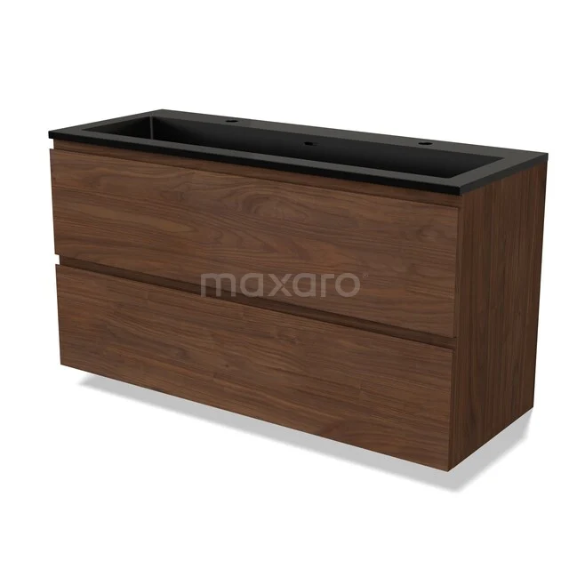 Modulo Vanity units with basin | 120 cm Walnoot Handle-less front Quartz 2 Stacked drawers BMW17-05742 Houten badkamermeubel met zwarte wastafel, modern design, twee lades, ideaal voor een stijlvolle en functionele badkamer.