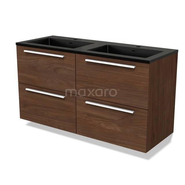 Houten wastafelmeubel met dubbel zwart blad, modern design, ideaal voor een stijlvolle badkamerinrichting.