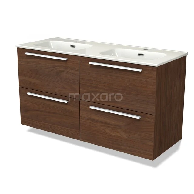 Wood-look vanity unit with double white sink, four drawers and modern metal handles, ideal for any bathroom.