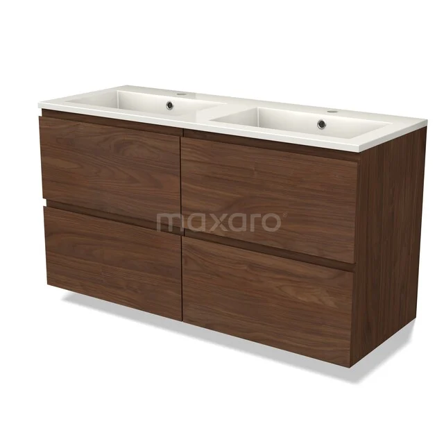 Double bathroom cabinet with sink, wood-look finish, modern design and two spacious drawers for storage.