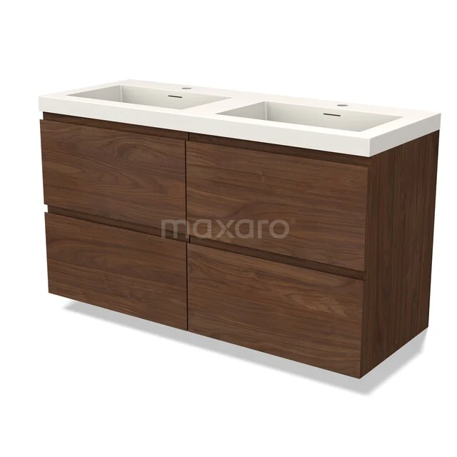 Holz-Badmöbel mit doppeltem weißen Waschbecken, elegantes Design, ideal für moderne Bäder.