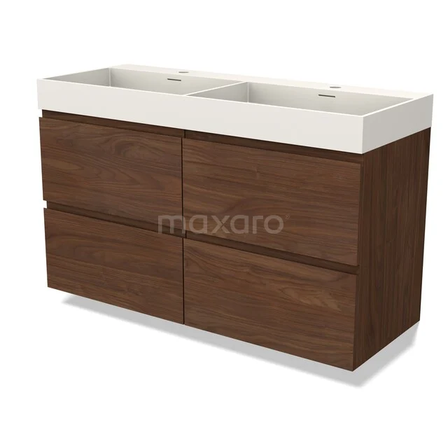 Double sink vanity set with wooden base cabinet in warm walnut colour, modern design for the bathroom.