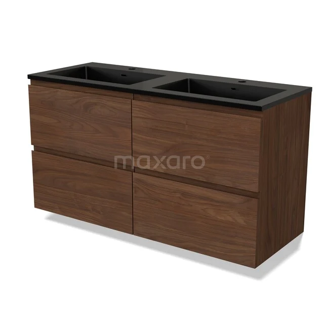 Wooden double washbasin unit with dark wash bowls, modern design, ideal for a stylish bathroom decor.