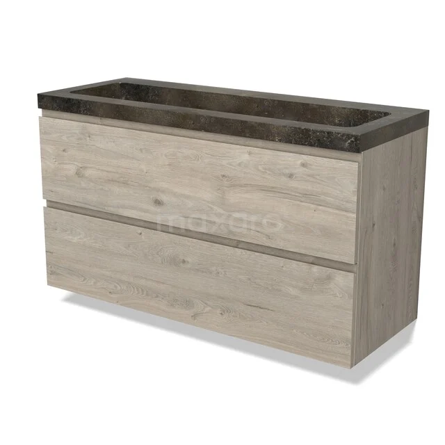 Houten badkamermeubel met twee lades en een donker wastafelblad, gemaakt van eikenhout uit de Nordic-serie.