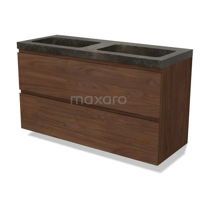 Hölzernes Badezimmermöbel mit Doppelwaschbecken, dunkler Marmorplatte und klarer Schubladenanordnung, ideal für ein modernes Badezimmer.