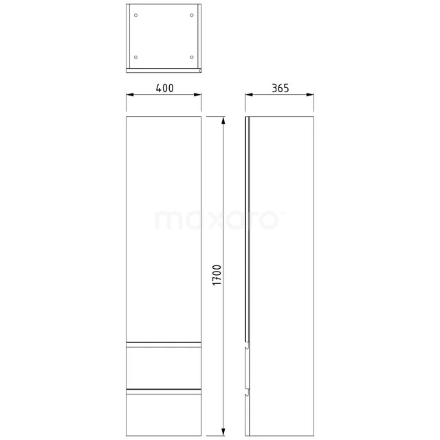 Lungo Plus Badkamerkast | 170 cm Naturel eik Greeploos front 3 vakken + 2 lades BKK10-00084 Witte, slanke badkamerkast met dubbel opbergvak en strak ontwerp, ideaal voor compacte badkamers. Afmetingen duidelijk aangegeven.