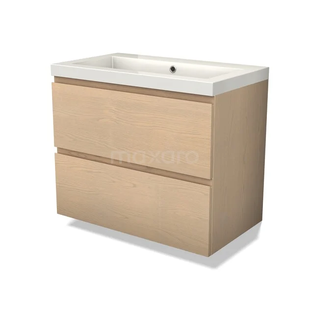 Modulo Plus Vanity units with basin | 80 cm Naturel eik Handle-less front Mineral marble 2 Stacked drawers BMW47-00002 Houten badkamermeubel met wastafel, licht eiken afwerking, strak design en twee lades voor opbergruimte.