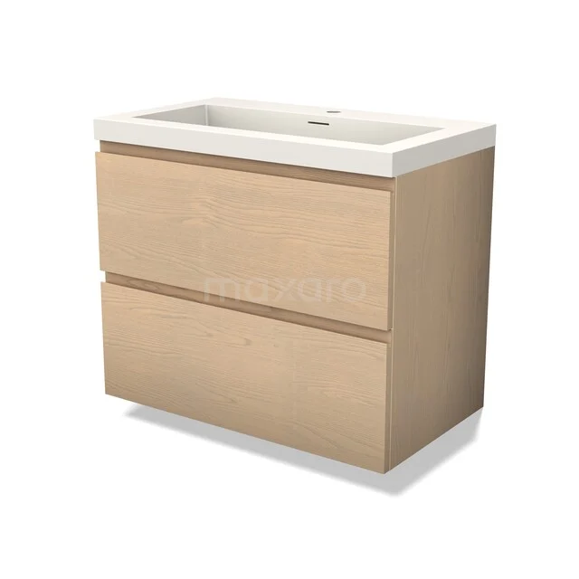 Eichen Badezimmermöbel mit zwei Schubladen und weißem Waschbecken, klare Formgebung, ideal für moderne Badezimmergestaltung.