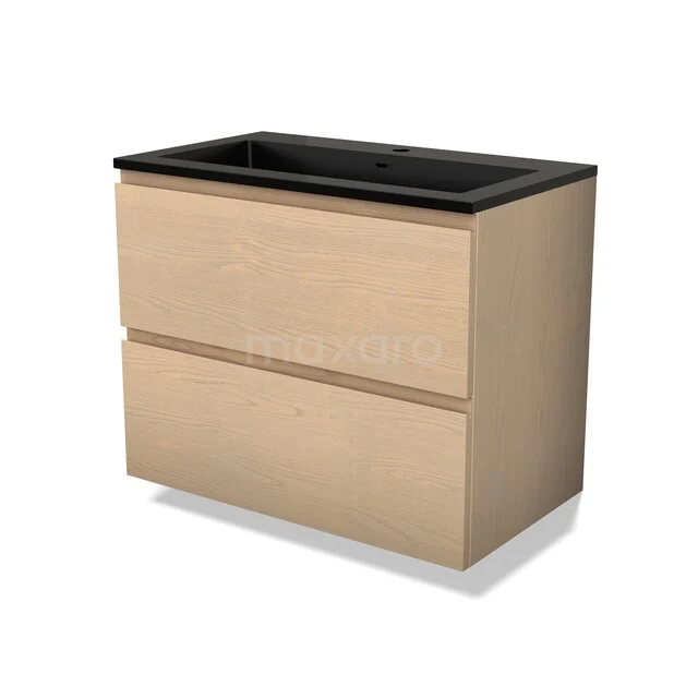 Holz Badezimmermöbel mit 2 Schubladen, Schwarz Waschbecken und schlankem Design, ideal für moderne Bäder.