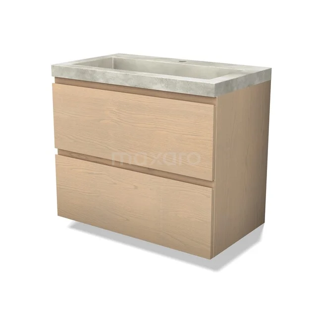 Houten badkamermeubel met twee lades en een marmeren wastafelblad, stijlvol en praktisch voor een moderne badkamer.