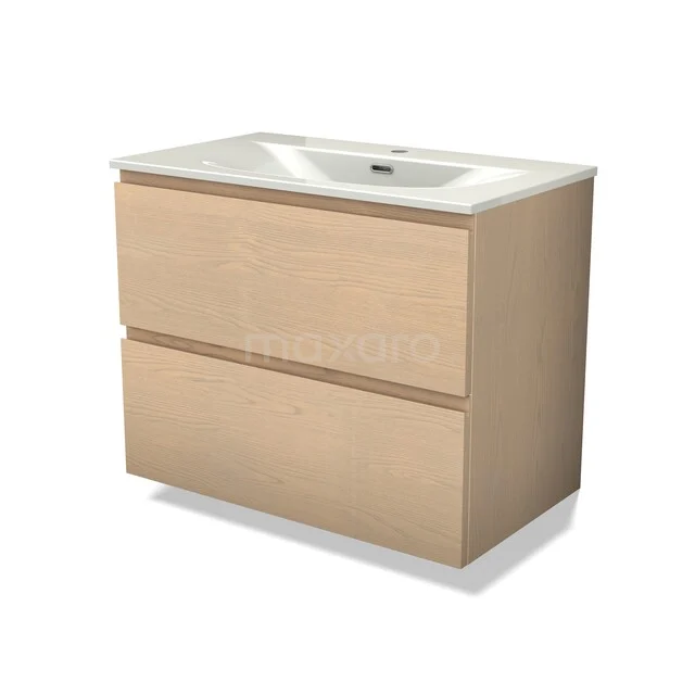 Holz-Waschtisch mit zwei Schubladen, heller Eichen-Oberfläche und integriertem Waschbecken, ideal für einen modernen Badezimmerstil.