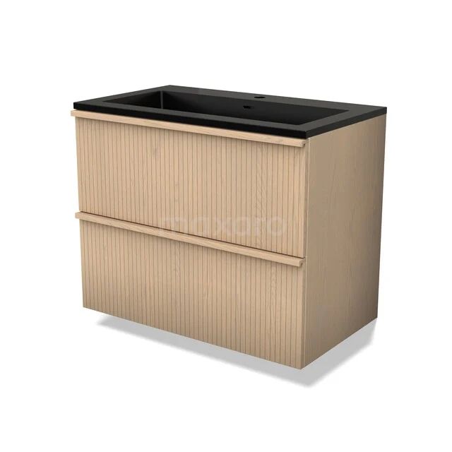 Modulo Plus Vanity units with basin | 80 cm Natural oak Ribbing front Quartz 2 Stacked drawers BMW47-00025 Houten badkamermeubel met zwarte wastafel, modern design, twee lades, ideaal voor een stijlvolle en functionele badkamer.