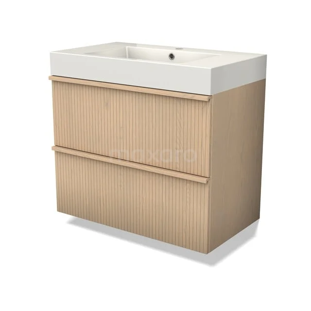 Houten badkamermeubel met witte wastafel, modern design, twee lades en eiken afwerking, ideaal voor stijlvolle badkamers.