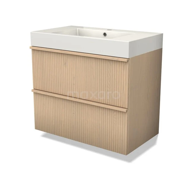 Holz Badezimmermöbel mit weißem Waschbecken, modernes Design, zwei Schubladen und Eichen-Finish, ideal für stilvolle Bäder.