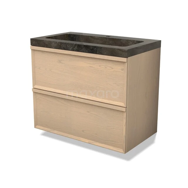 Modulo Plus Waschtische | 80 cm Natürliche Eiche Gesichtspunkt front Naturstein 2 übereinanderliegende Schubladen BMW47-00039 Holz Badezimmermöbel mit zwei Schubladen und Schwarz Marmor Waschbeckenplatte, ideal für eine moderne Badezimmer Einrichtung.