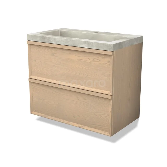 Holz Badezimmermöbel mit zwei Schubladen, natürliche Eiche Farbe und Beton Waschbecken, minimalistisches Design für modernes Badezimmer.