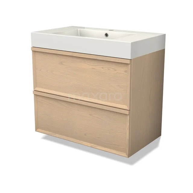 Holz Badezimmermöbel mit zwei Ladefronten, integrierte weiße Waschbecken und modernem Design, ideal für ein stilvolles Badezimmer.